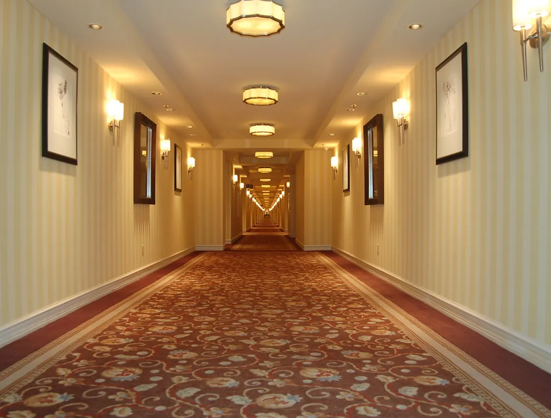 A commercial corridor with freshly cleaned patterned carpet.