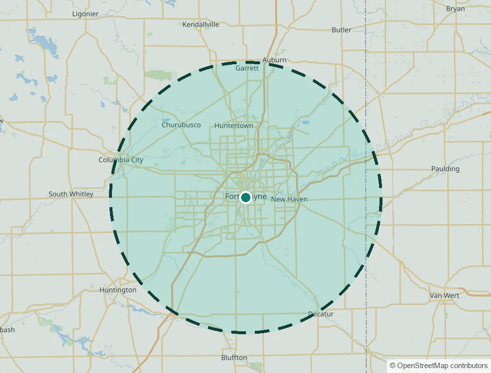 Map of Fort Wayne and Allen County, Indiana with a dashed circle marking the Three Rivers Floor Care service area, reaching New Haven, Huntertown, Auburn, Columbia City, and Huntington.